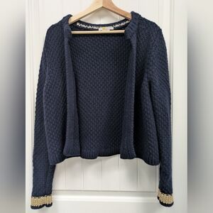 Boden Navy Open-Front Knit Cardigan with Gold  Metallic Trim